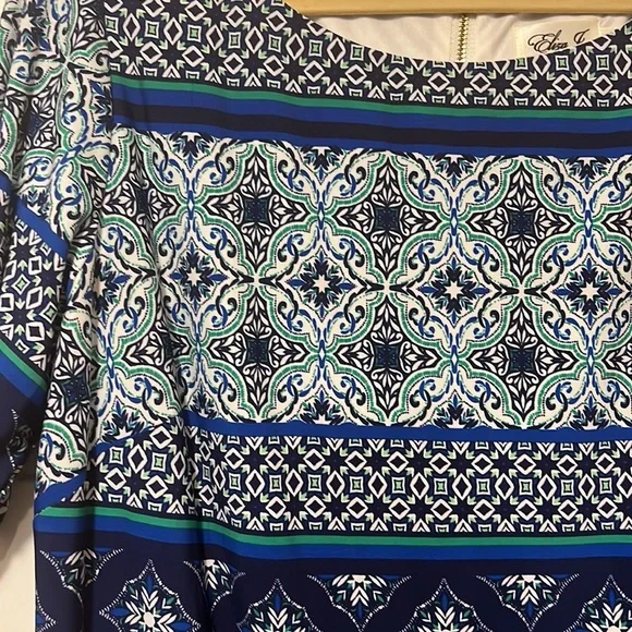Eliza J Short-Sleeve Dress with Blue, White and Green tile pattern, 16W - Picture 2 of 7